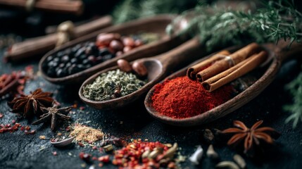 A Vibrant Collection of Spices and Herbs Displayed in Wooden Spoons on Dark Surface for Culinary Inspiration and Food Photography Projects