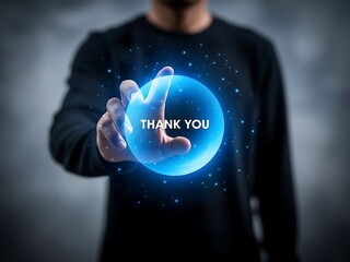 Man holding glowing blue orb with thank you message