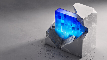 Blue Data Crystal Breaking Through Metal