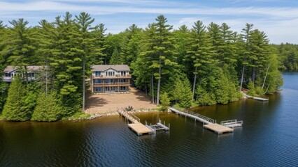 Obraz premium Lakeside cabin with dock isolated on white background