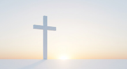 Minimalistisches Kreuz im sanften Licht eines ruhigen Sonnenaufgangs am Horizont hoffnungsvolle Stille. AI Generated
