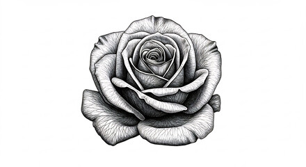 Detaillierte Tuschezeichnung einer bl�henden Rose in Schwarzweiss filigran gezeichnet mit feinen Schraffuren elegantes Design. AI Generated
