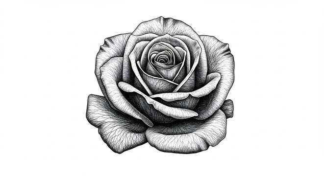 Detaillierte Tuschezeichnung einer bl�henden Rose in Schwarzweiss filigran gezeichnet mit feinen Schraffuren elegantes Design. AI Generated