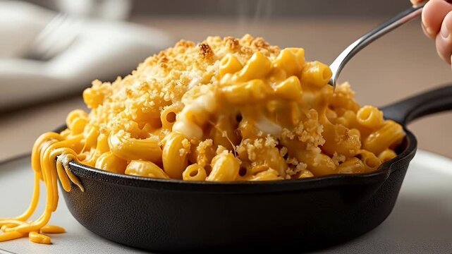 Macaroni and Cheese in Black Cast Iron Pan with Crumb Topping and Silver Spoon