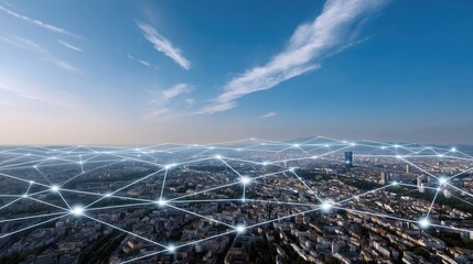 Expansive Cityscape with Digital Network Overlay Highlighting Connectivity and Technological Advancement in Urban Environments at Sunset