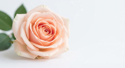 Zarte rosa Rose liegt elegant auf weissem Hintergrund ein minimalistisches Design betont die ruhige Schoenheit des Bluetenblattes. AI Generated