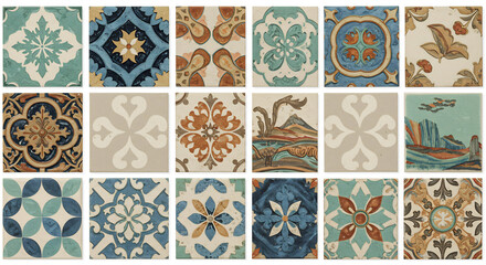 Vielfaeltige Fliesenmuster Kollektion in warmen Toenen ideal fuer stilvolle Wand Boden Bad und Kuechen Gestaltung. AI Generated