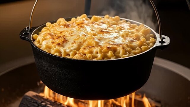 Macaroni and Cheese in Black Cast Iron Pot Suspended Over Open Fire with Glowing Flames and Warm Lighting