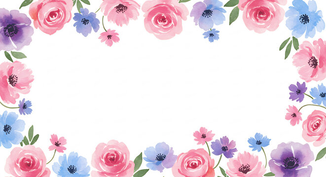 Zarte Aquarellblumen umrahmen elegant einen leeren Raum Pastellfarben schaffen eine vertr�umte sanfte �sthetik. AI Generated