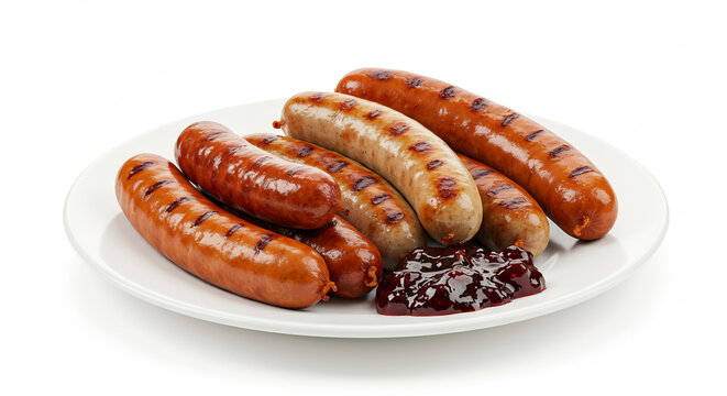 Goldbraun gegrillte Bratw�rste saftig und perfekt ausgeleuchtet serviert mit Preiselbeersauce auf wei�em Teller. AI Generated