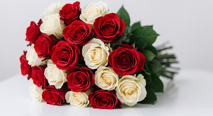 Wundersch�ner Strau� leuchtend roter und zartwei�er Rosen harmonisch arrangiert vor hellem Hintergrund f�r eine elegante �sthetik. AI Generated
