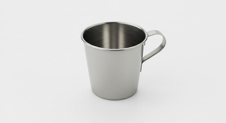Gl�nzender leerer Edelstahlbecher im sanften Studiolicht minimalistisch und klar fotografiert auf wei�em Grund. AI Generated