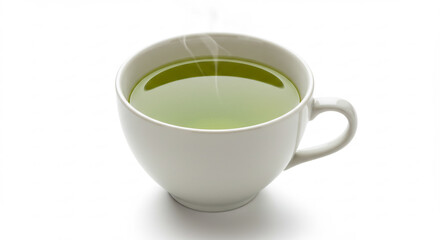 Hei�er gr�ner Tee dampft aromatisch in wei�er Tasse minimalistisch hell auf reinwei�em Hintergrund pr�sentiert. AI Generated