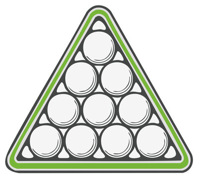 Triangle rack holding nine white billiard balls ready for a game