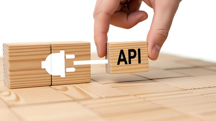 A hand connects an API block to a plug on wooden blocks