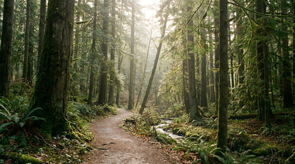 Obraz premium Peaceful forest pathway surrounded by tall trees with soft diffused light, representing nature, relaxation, and outdoor exploration.