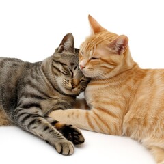 Two cats lying together with heads touching on white background celebrating cat day with affection bonding and animal companionship care