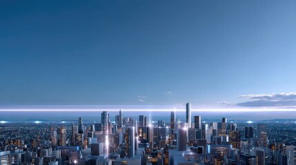 Futuristic city skyline at twilight with glowing buildings and clear sky over urban landscape, showcasing modern architecture and vibrant atmosphere.