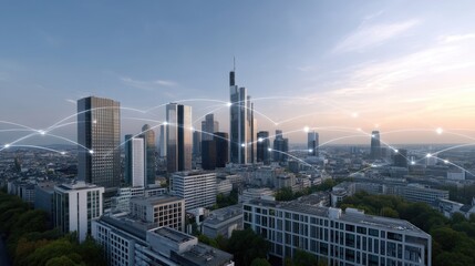 Fototapeta premium Modern urban skyline at sunset with digital connectivity lines illustrating technology integration into city life and urban development trends
