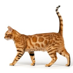 Bengal cat walking in profile view with rosette patterned coat celebrating cat day with exotic charm agility and animal care