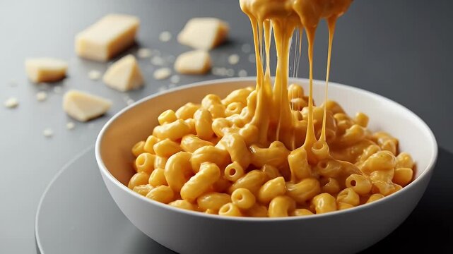 Macaroni and Cheese in White Bowl on Gray Plate with Cheese Pieces