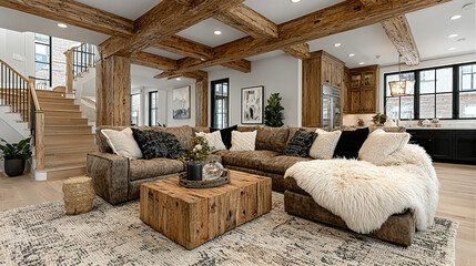 Modern rustic living room with wooden beams, large windows, and cozy furniture.