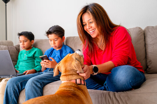 mom petting dog