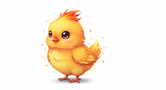 Gl�nzendes gelbes K�ken mit gro�en leuchtenden Augen und funkelndem Schimmer. Niedliche Fantasie Illustration isoliert. AI Generated