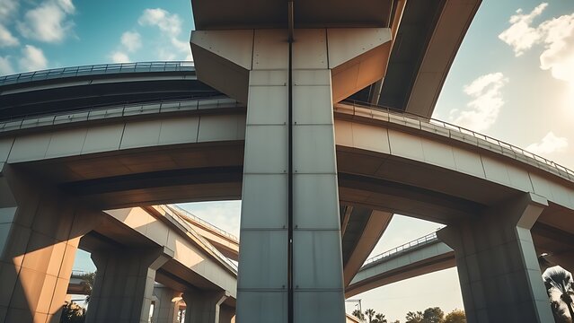 nationalizing. Massive bridge pillar supporting elevated roadway with architectural detail in daylight. real-estate listings.