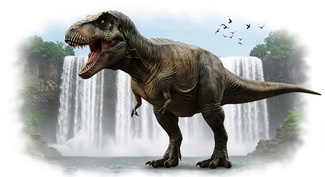 Ein gewaltiger Tyrannosaurus Rex br�llt kraftvoll vor einem imposanten Wasserfall mit fliegenden V�geln am helllichten Tag. AI Generated