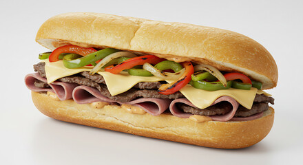 Hell beleuchtetes Sub Sandwich appetitlich reich gef�llt mit zartem Rindfleisch K�se gegrillten Paprika Zwiebeln. AI Generated