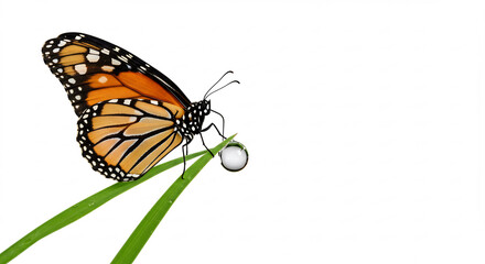 Fototapeta premium Lebendiger Monarchfalter auf grasgruener Halm mit glitzerndem Tautropfen brillant beleuchtet vor reinweissem Hintergrund. AI Generated