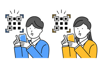 スマホでQRコードを読み込ませようとする若い男性と女性のイラスト