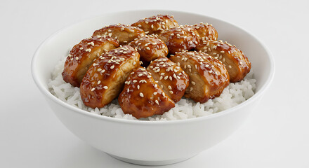Frisch zubereitetes glasiertes H�hnchen mit Sesam auf lockerem Reis in wei�er Schale hell und appetitlich im Studio. AI Generated