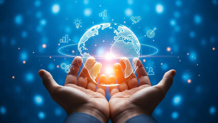 A symbolic representation of global business and technology, with hands cradling the earth, conveying care and protection for a sustainable future.