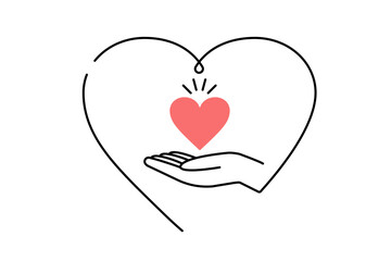 ハートと人物の手を一筆書き風に描いたイラスト―支援やサポートのイメージ