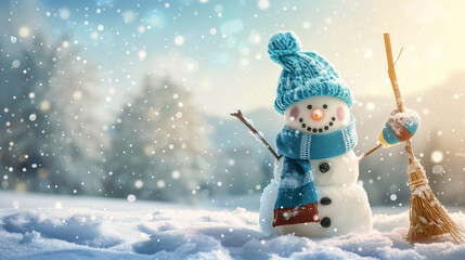 Cute snowman with hat and stick in snowy winter scene