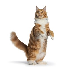 Maine coon cat standing upright with bushy tail on white background celebrating cat day with playful alertness and animal care