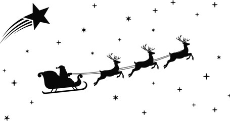 Santa Claus sleigh silhouette flying with reindeer across starry sky and shooting star Christmas holiday night vector illustration festive design © Afsana Creatives