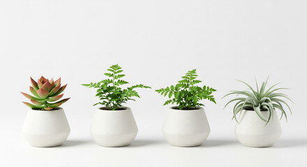 Vier frische Topfpflanzen in wei�en T�pfen leuchten unter hellem Studiolicht f�r ein klares minimalistisches Design. AI Generated