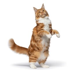 Maine coon cat standing upright with bushy tail on white background celebrating cat day with playful alertness and animal care