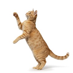 Ginger tabby cat standing upright with raised paws on white background celebrating cat day with playful movement and animal care