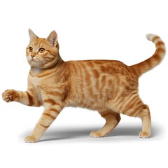 Ginger tabby cat walking forward with raised paw on white background celebrating cat day with alertness movement and animal care