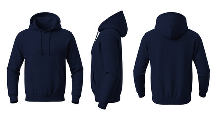 Blank Dark Blue Hoodie Mockup Front, Side, and Back Views on Transparent Background © Drip