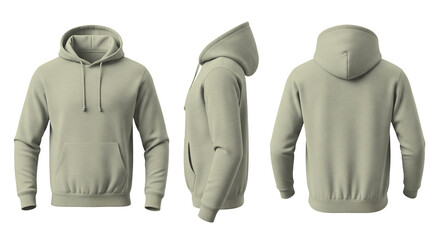 Blank Cream Hoodie Mockup Front, Side, and Back Views on Transparent Background © Drip
