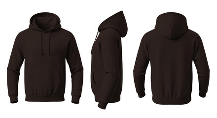 Blank Dark Brown Hoodie Mockup Front, Side, and Back Views on Transparent Background © Drip