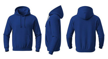 Blank Denim Blue Hoodie Mockup Front, Side, and Back Views on Transparent Background © Drip