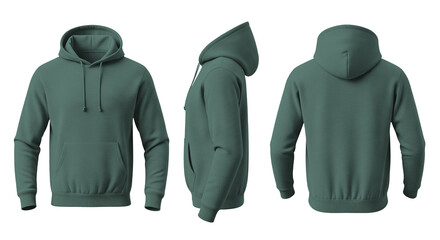 Blank Sea Green Hoodie Mockup Front, Side, and Back Views on Transparent Background © Drip