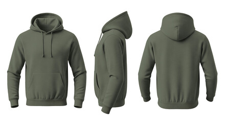 Blank Sage Green Hoodie Mockup Front, Side, and Back Views on Transparent Background © Drip