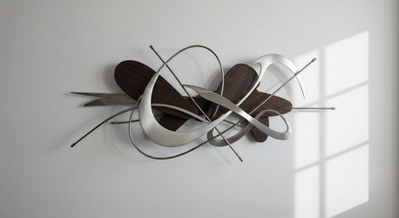 Moderne abstrakte Wandskulptur aus Holz und Metall dynamisch geformt elegantes Design Sonnenlicht wirft lange Schatten. AI Generated